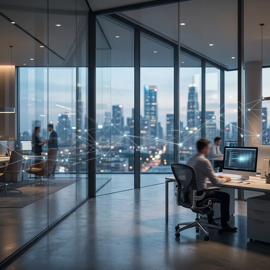 A professional working in a high-rise office overlooking a city skyline at dusk