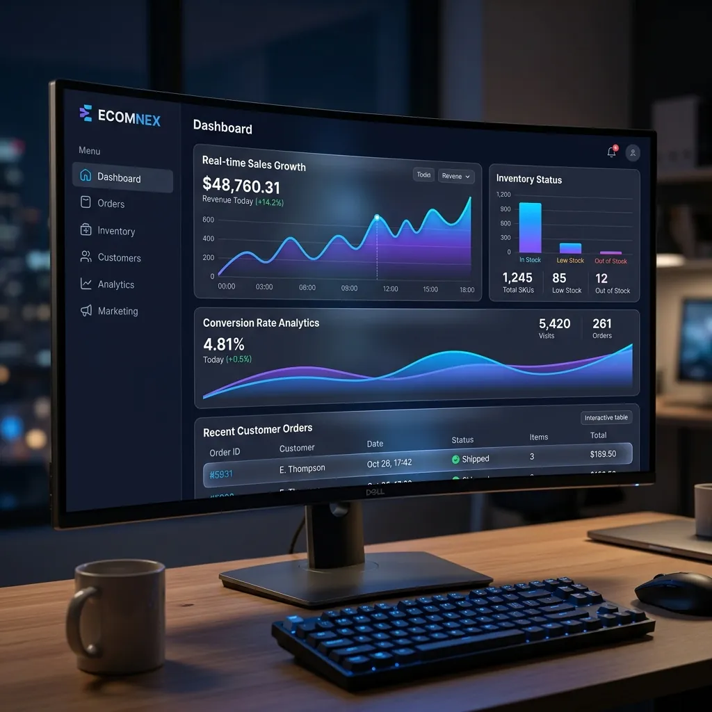 E-commerce sales dashboard showing revenue, orders and conversion rate