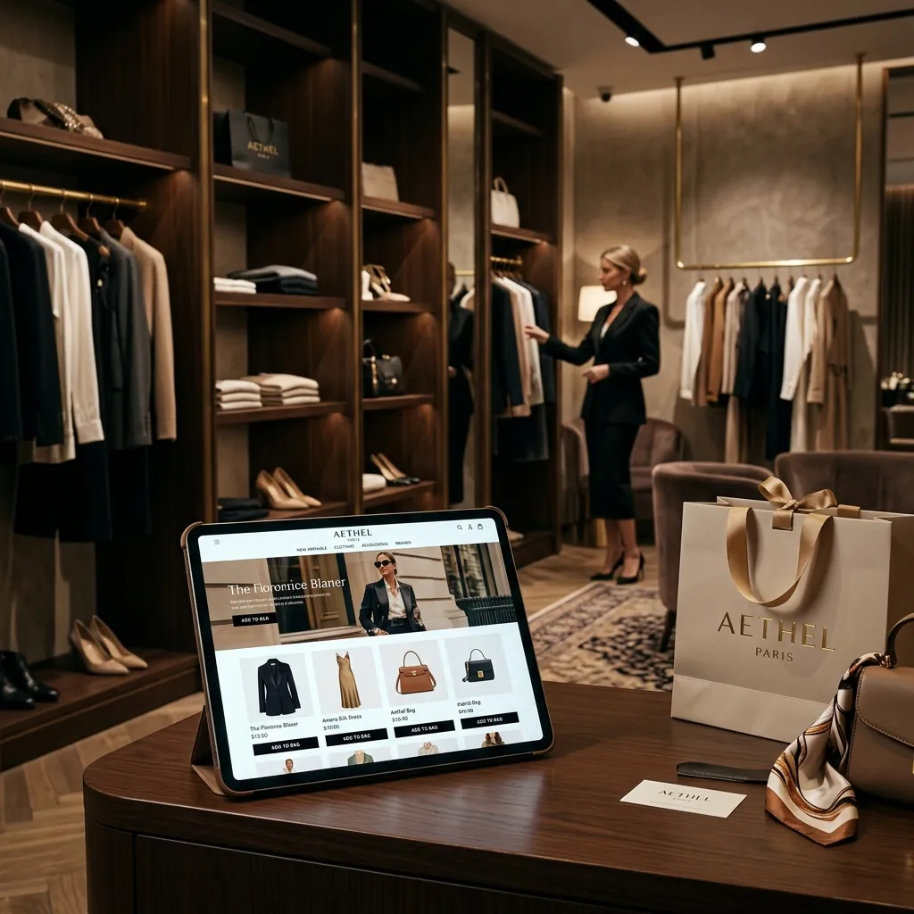A boutique store with a tablet showing the brand online shop