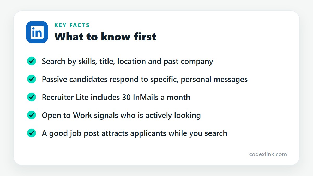 Key facts: Search by skills, title, location and past company. Passive candidates respond to specific, personal messages. Recruiter Lite includes 30 InMails a month. Open to Work signals who is actively looking. A good job post attracts applicants while you search