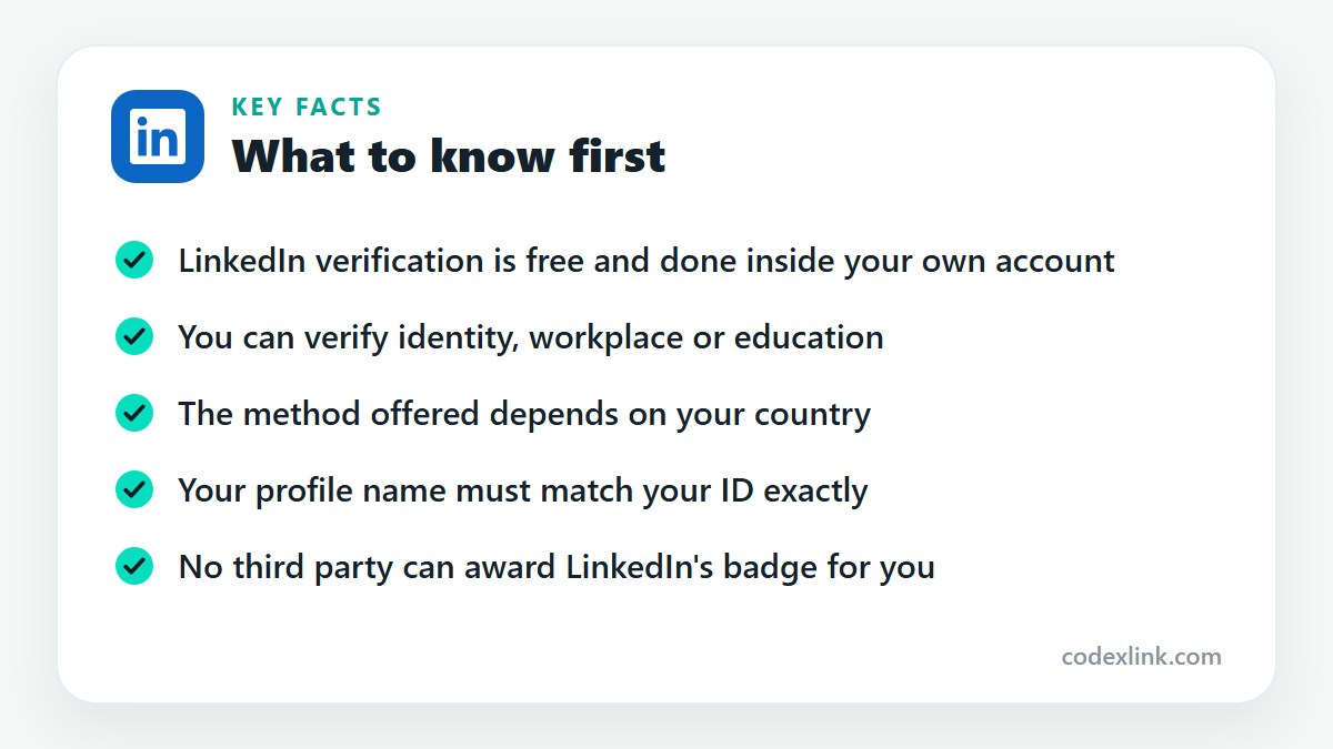 Key facts: LinkedIn verification is free and done inside your own account. You can verify identity, workplace or education. The method offered depends on your country. Your profile name must match your ID exactly. No third party can award LinkedIn's badge for you