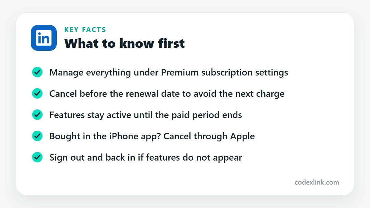 Key facts: Manage everything under Premium subscription settings. Cancel before the renewal date to avoid the next charge. Features stay active until the paid period ends. Bought in the iPhone app? Cancel through Apple. Sign out and back in if features do not appear