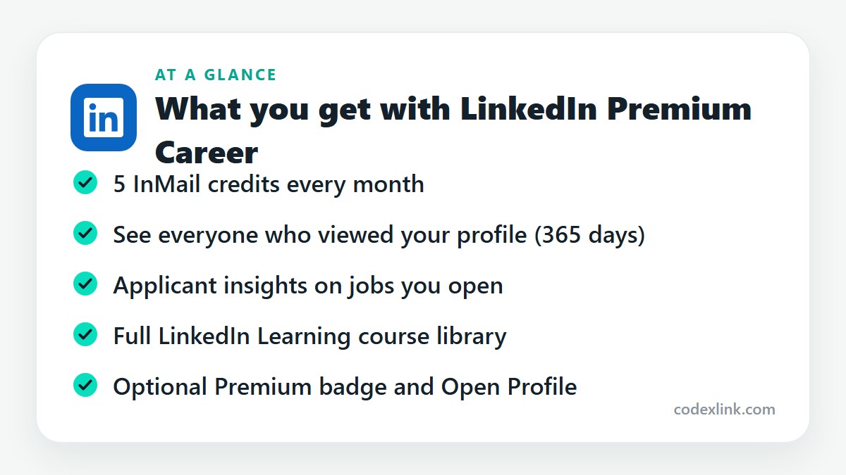 What you get with LinkedIn Premium Career: 5 InMail credits every month, See everyone who viewed your profile (365 days), Applicant insights on jobs you open, Full LinkedIn Learning course library, Optional Premium badge and Open Profile
