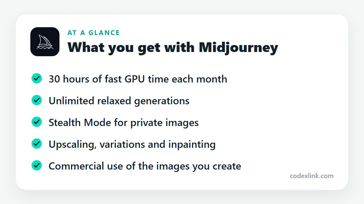 What you get with Midjourney: 30 hours of fast GPU time each month, Unlimited relaxed generations, Stealth Mode for private images, Upscaling, variations and inpainting, Commercial use of the images you create
