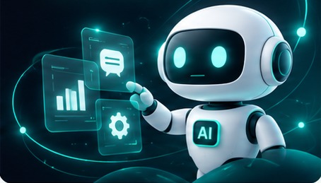 AI assistant robot with chat, analytics and automation panels