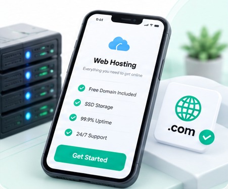 Web hosting plan on a phone beside a server and a .com domain tile