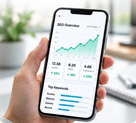 SEO overview dashboard shown on a phone