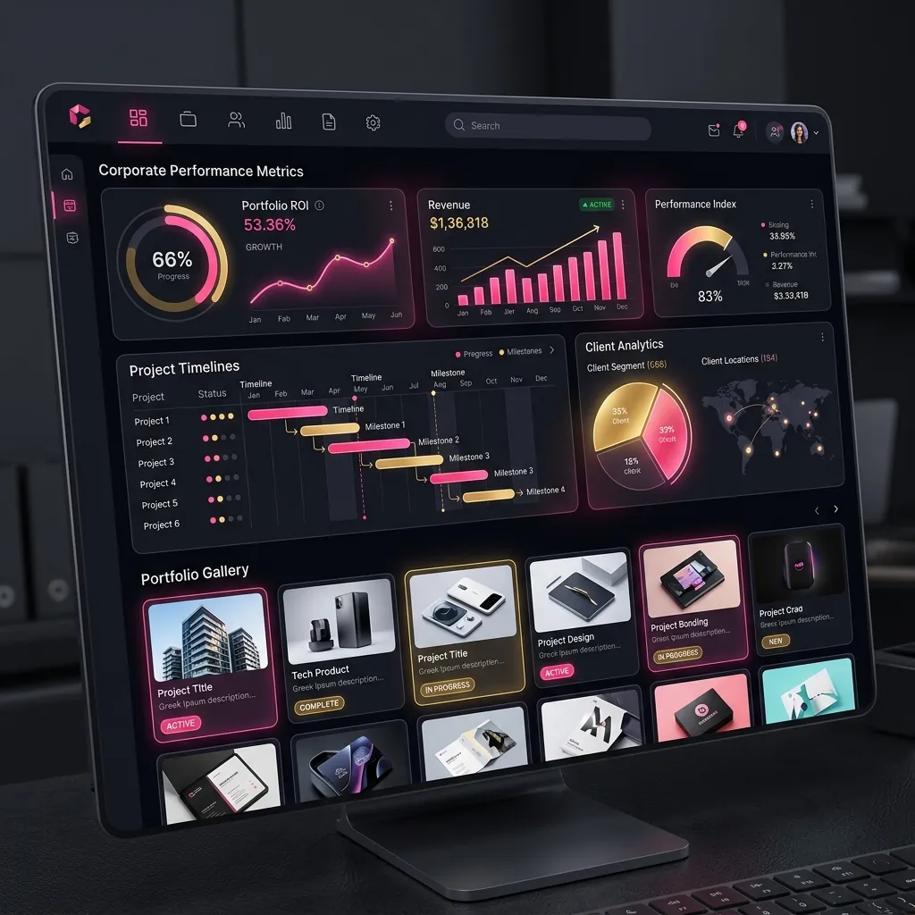 A dashboard interface design with charts, timelines and a portfolio gallery, the kind of work designed in Figma