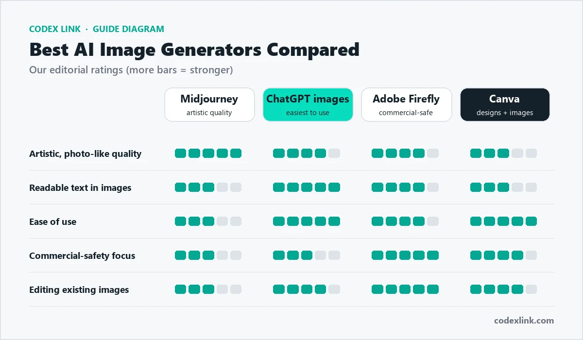 Comparison chart of Midjourney, ChatGPT images, Adobe Firefly and Canva for image quality, text in images, ease of use, commercial safety and editing