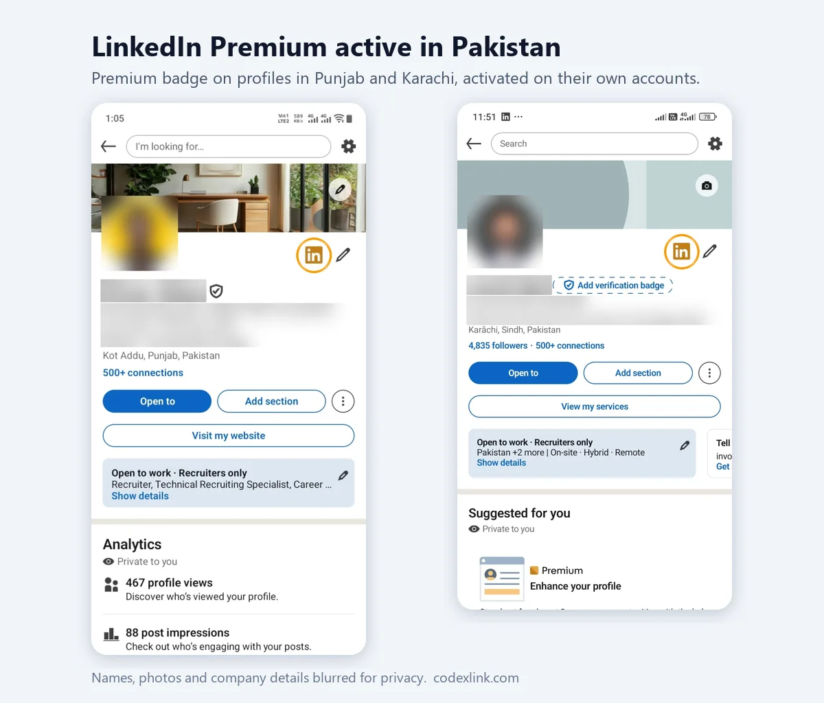 Two LinkedIn profiles in Pakistan showing the gold Premium badge, with names and photos blurred