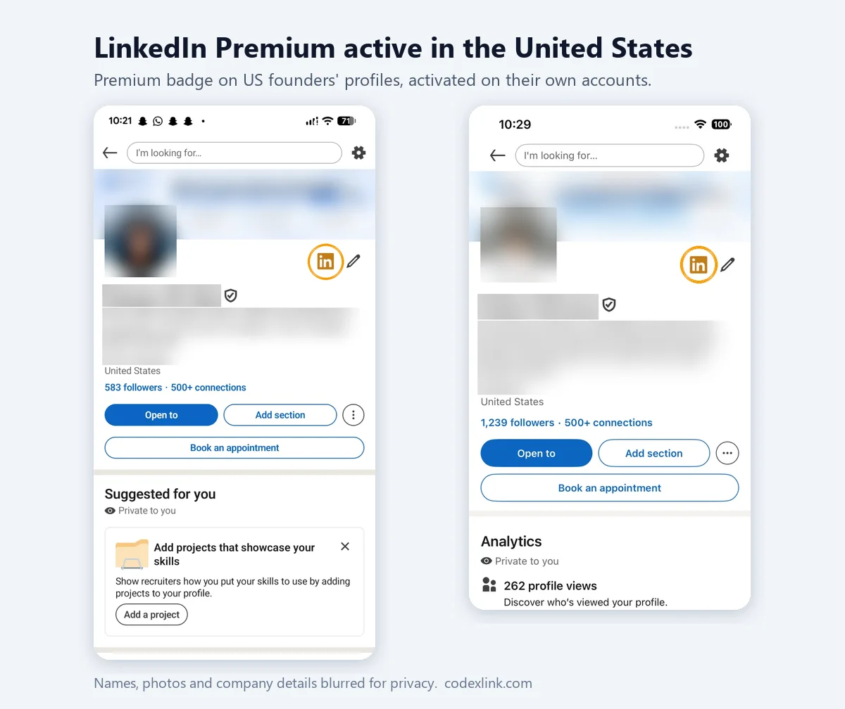 Two US LinkedIn profiles with the gold Premium badge, names and photos blurred