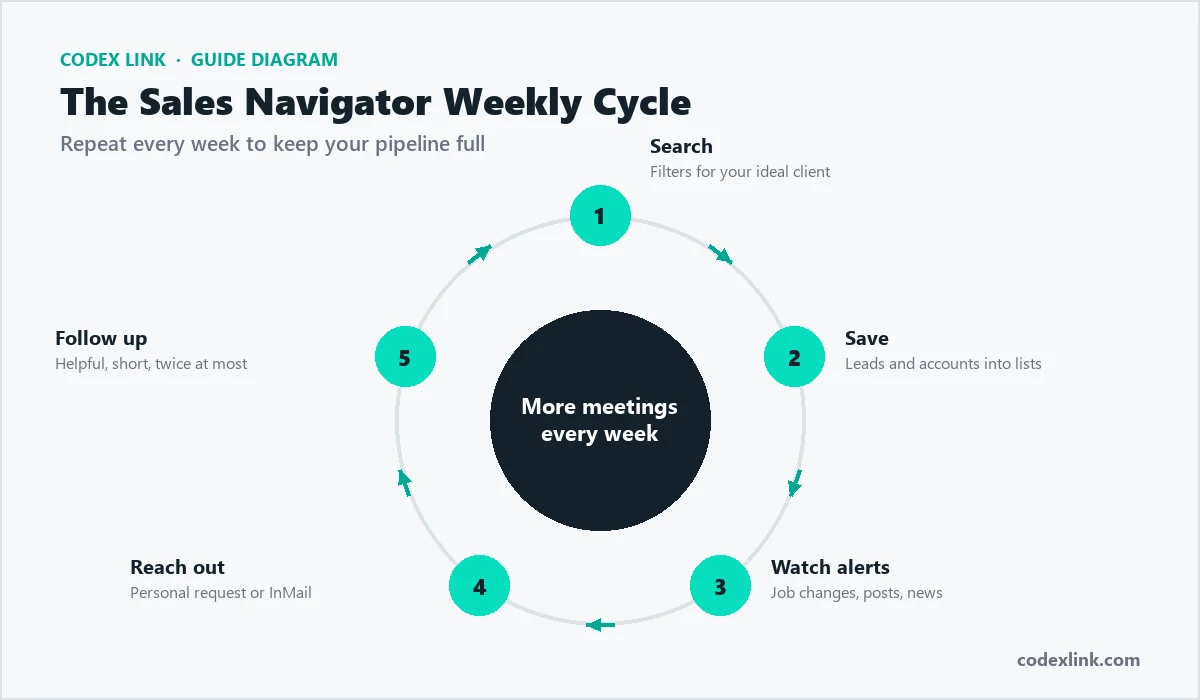 Sales Navigator weekly workflow: search, save, alerts, outreach, follow up